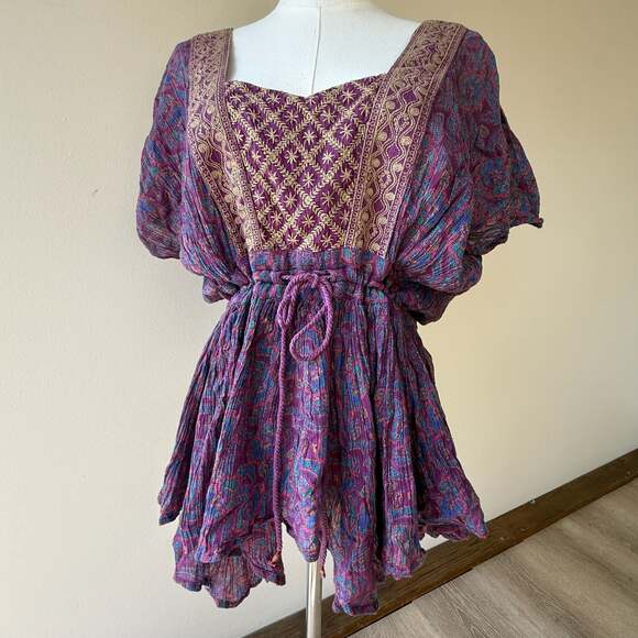 Free People Purple Paisley Embroidered Drawstring Waist Boho Blouse - Picture 9 of 12